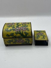 Vintage Cloisonné Tobacco Set Footed Cig  Box And Match Box Keeper Beautiful picture