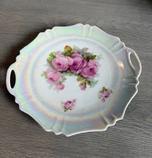 Antique Retsch & Co RCW Bavaria Lusterware Cake Plate Pink Cabbage Roses 1920s picture
