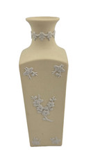Wedgwood Jasperware Yellow Primrose White Prunus Small Square Vase 5 1/2” Tall picture