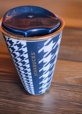 STARBUCKS 2015 Travel Tumbler NAVY/WHITE Houndstooth 12 Oz GOLD Rim WRONG LID picture