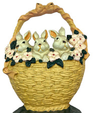 Vintage Cast Iron Basket Of Bunnies Flowers Country Rabbits picture