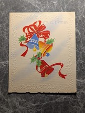 Christmas Card Vintage 1940s Embossed Bells Holly Red Ribbon Holiday Greeting picture