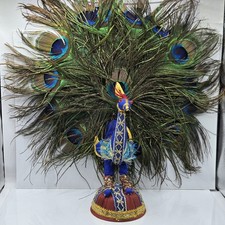 Rare Peacock folk art Figurine Fabric Enamel Handmade W Real Feathers India 14