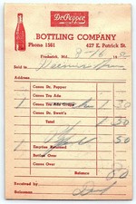 1952 Dr. Pepper Bottling Co. Frederick, MD sales receipt picture