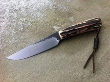CUSTOM HANDMADE CARBON STEEL HUNTING SKINNER KNIFE W/STAG HORN HANDLE & SHEATH picture