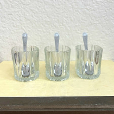 Set of 3 Clear Ribbed Glass Open Salt Cellars, Oval, Chrome Plated Spoons picture