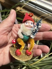 Vtg Putz Chenille Mica Blue Side Eye Pixie Elf Gnome Sitting On Pinecone MCM picture
