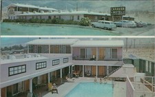Caravan Motel Desert Hot Springs CA 2 views pool 1950s autos advertising N505 picture