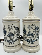 Two Vintage Apothecary 1970's Blue Floral Porcelain Lamp Country Cottage picture