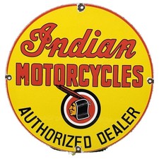 VINTAGE INDIAN MOTORCYCLES AUTHORIZED DEALER PORCELAIN SIGN SCRIPT LOGO picture