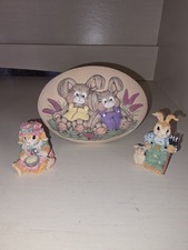 Two Bunny Rabbit Figurines & A Cute Bunny Rabbit Plaque Sign. Easter Spring  picture