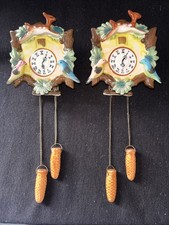 2 VINTAGE Cuckoo Clock Birdhouse Pottery Wall Pocket Planters Japan MCM GREAT A+ picture