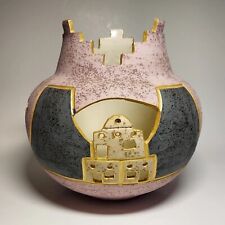 Vintage Gina Arrighetti? Southwest Pierced Etched Gold Pastel Pink Art Vase picture