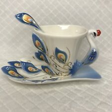 Glodeals Hand Crafted Peacock Tea Coffee Cup Set with Saucer and Spoon Delicate picture