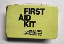 Vintage 1970s OSHA Worksite Marion Health and Safety Inc. Metal First Aid Kit picture