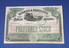 Norwich & Worcester Railroad Stock Cert 1937 Adams & Peck Historic RR for MA CT picture