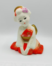 Japanese Geisha Figurine Doll Kneeling Kimono Ceramic Folk Hand Painted Orange picture