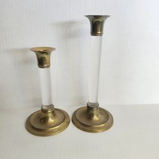 Set of 2 Vintage Brass Lucite Candle Sticks Candlesticks Holders  MCM India picture