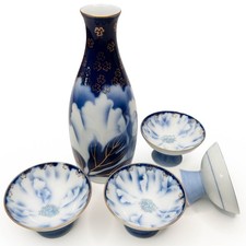 Japanese Fine Fukagawa Blue Porcelain Sake Serving Set Peonies with Gold Accents picture