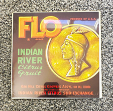 FLO Brand Indian River Citrus Fruit Advertising Label, Multicolor, Oak Hill FL  picture