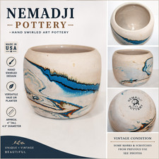 Nemadji Pottery Swirl Vase Art Pottery Planter Blue Brown Marbled 4.5