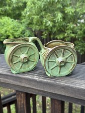 Vintage Frankoma Wagon Wheel Creamer & Sugar Prairie Green Approx H 4” READ picture