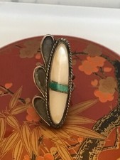 Vintage Elongated Silver Ring w/ Mother of Pearl&Turquoise w/Faint Mark Size 8.5 picture