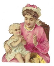 1888 Antique Chromo, PINK MOTHER & BABY BOTTLE, Victorian Die-Cut ScraP, 3