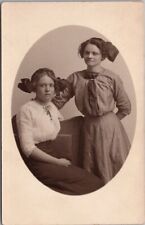 1910s Studio Photo RPPC Postcard Two Pretty Young Ladies / Big Hair Bows Unused picture