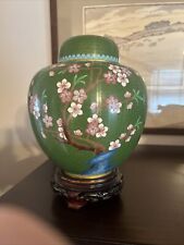 Chinese Cloisonne Vase Urn Ginger Jar Green Cherry Blossoms Bluebird  8