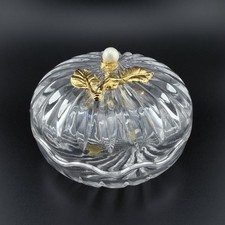 Vintage Lefton Glass Trinket Box Gold Tone Leaves Faux Pearl Lid 1988 Taiwan picture