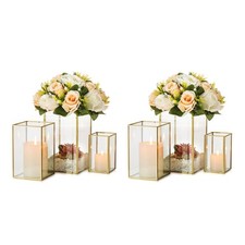 Hewory Glass Hurricane Candle Holder 6Pcs Gold Rectangle Flower Holders picture
