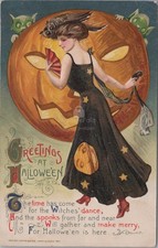 Halloween Witch Lady Owl Hat Pumpkin Jack O Lantern Goblins Winsch 1911 Postcard picture