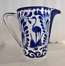 Vintage Mexican Anfora Pottery Pitcher - Puebla Blue and White Hand-Painted Bird picture