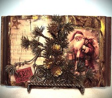 Vintage Style Handmade Santa Art Book Primitive Folk Art Farmhouse Decor Gold picture