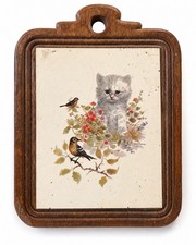 Vintage Giordano Kitten Birds Floral Wood Wall Plaque Cat Art picture