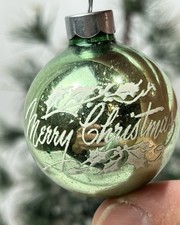 Vintage Shiny Brite Merry Christmas Holly Green Glass Round Ball Ornament  picture
