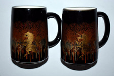 Pair of 15oz Vintage Otagiri Japan Handled Mugs Black w/ Gold Unicorns in Forest picture