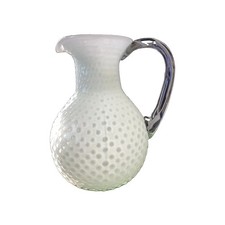 Gorgeous Vtg White  W/Green Tint Hobnail Art Glass Pitcher . Clear Handle 11” picture