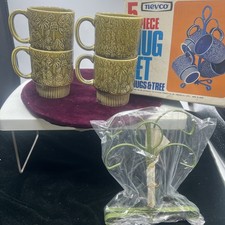 Vintage NOS Nevco MCM Green Flowers 4-Mug Set w/ Metal Tree picture