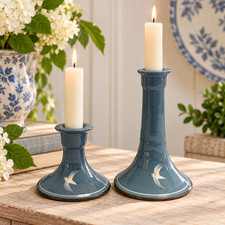 Vintage Handpainted Clay Candlesticks Martlet Pattern Blue White Set 2 6.5