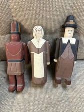 Wolf Creek Hand Carved Thanksgiving Pilgrims & Native American Figurine Set of 3 picture