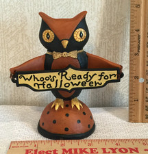 Jenene Mortimer ESG Halloween Owl - Orange & Blk - Folk Art Figurine     (J93) picture