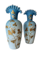 Pair Harrach Antique Bohemian Satin Glass Vases Blue Gilt Enamel Floral 793/2 W1 picture