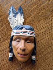 Vintage Hand Carved Wood Native American Indian Chief Wall Plaque Folk Art Pair picture