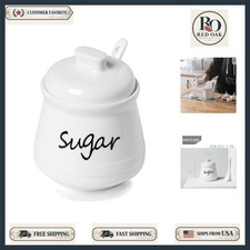 Ceramic Sugar Bowl with Lid Spoon 12oz White Farmhouse Porcelain Dishwasher Safe picture
