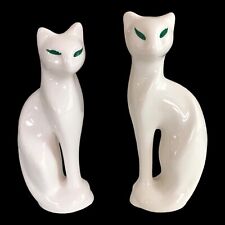 Mid Century Modern Pair White Cats Green Eyes 8” Figurines Retro picture