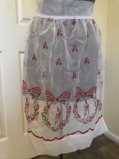Adorable 1960s Vintage Red & Green Organdy Velvet Flocked Christmas Half Apron picture