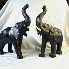 Vintage Black Leather Wrapped Elephant Statues Pair Mid Century Modern Trunk Up picture