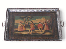 Antique 19th C Hand Painted Toleware Tray Pastoral Scene Pierced Gallery 31